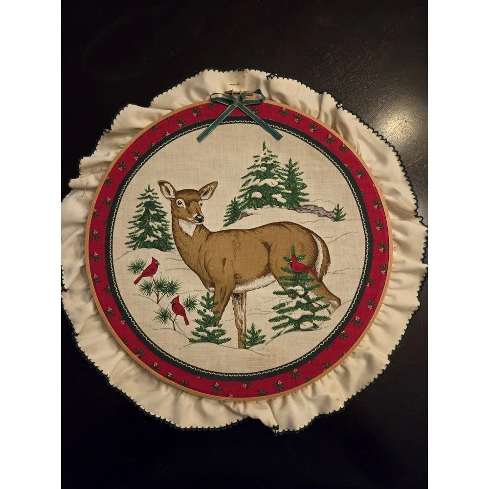 Vintage‎ Deer With Cardinals Lace Hoop Wall Hanging Decor